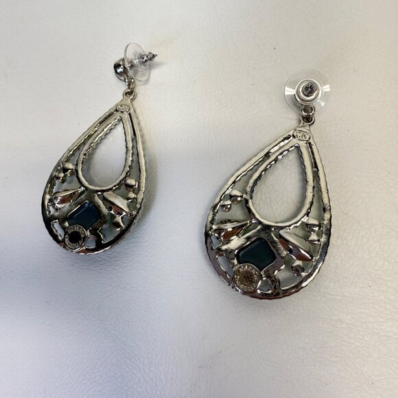 Roberta Chiarella Earrings Teardrop‎ Green Stones Signed Silver Tone Statement - Picture 9 of 10